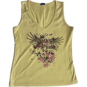 iUvas Yellow Y2K Punk Tank Top Medium Sleeveless Graphic Tee Edgy Alt Festival